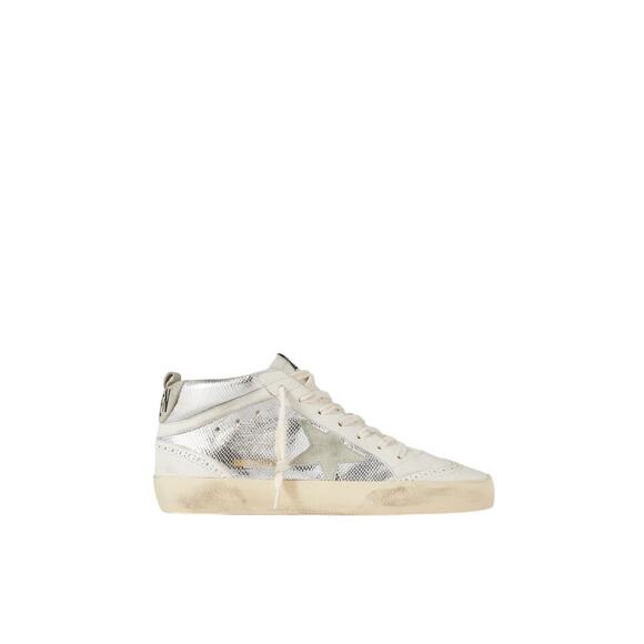 Golden Goose 'Mid Star' Silver Leather Distressed Suede-Trimmed Metallic - Picture 1 of 7